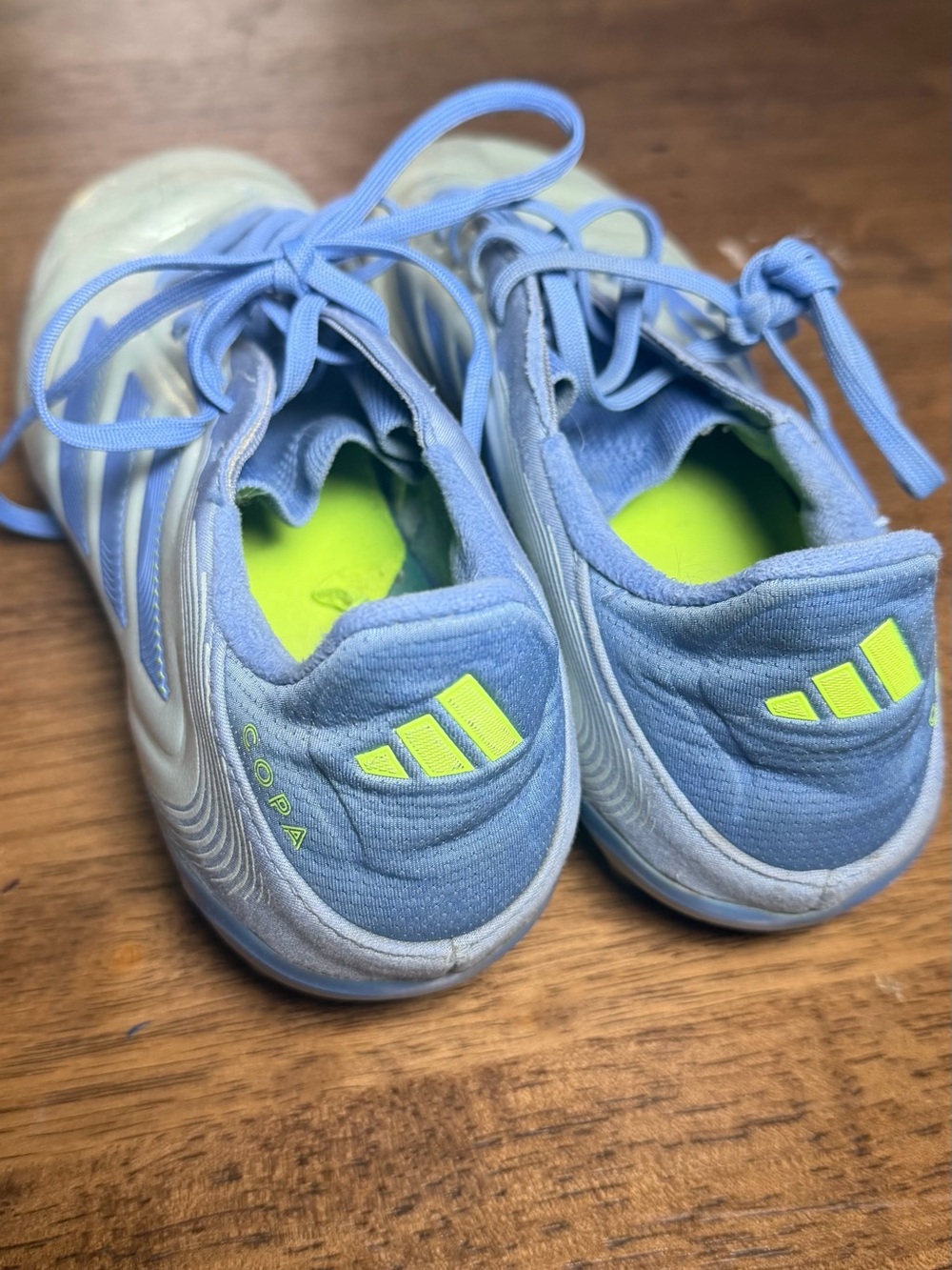 adidas Light Blue Copa Athletic Shoes with Neon Yellow Accents